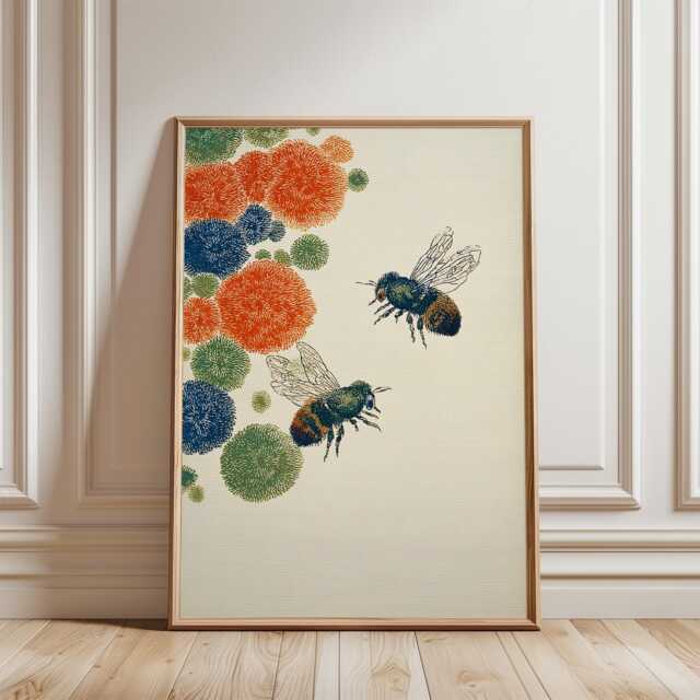Bee Illustration Poster - Botanical Insect Art Orange Blue Floral Wall Decor - image 1
