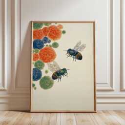Bee Illustration Poster - Botanical Insect Art Orange Blue Floral Wall Decor - thumbnail 1