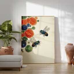 Bee Illustration Poster - Botanical Insect Art Orange Blue Floral Wall Decor - thumbnail 3