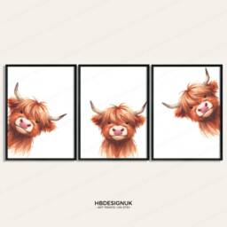 Peeking Highland Cow Prints - Set Of 3 Nursery Posters - Animal Playroom Decor Gender Neutral Baby Wall Art Peekaboo Poster Print A3/A4 - thumbnail 1