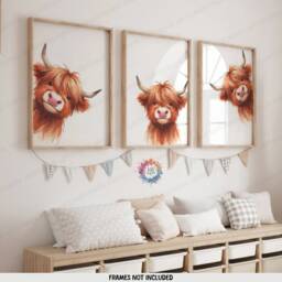 Peeking Highland Cow Prints - Set Of 3 Nursery Posters - Animal Playroom Decor Gender Neutral Baby Wall Art Peekaboo Poster Print A3/A4 - thumbnail 2
