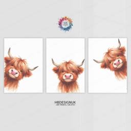 Peeking Highland Cow Prints - Set Of 3 Nursery Posters - Animal Playroom Decor Gender Neutral Baby Wall Art Peekaboo Poster Print A3/A4 - thumbnail 3
