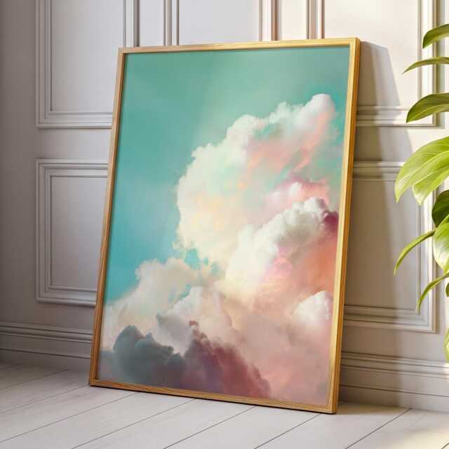 Pink & Blue Cloud Wall Art Dream Sky Painting Abstract Cloudscape Large Room Decor Framed Boho Nursery Moon Poster Print - image 1