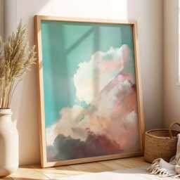 Pink & Blue Cloud Wall Art Dream Sky Painting Abstract Cloudscape Large Room Decor Framed Boho Nursery Moon Poster Print - thumbnail 2