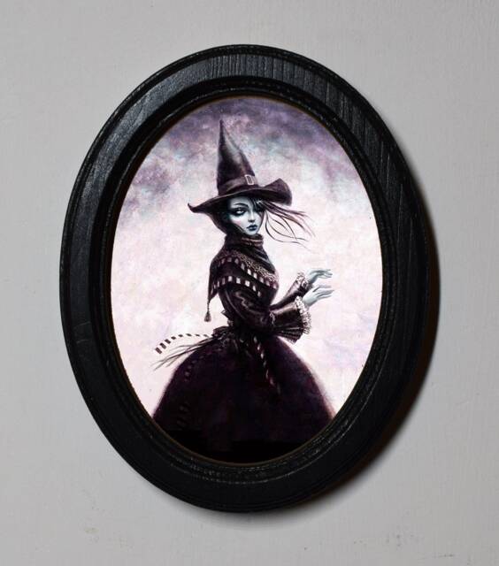 Halloween Black Oval Wooden Framed Picture, Gothic Style Wall Hanging, Witch - image 1