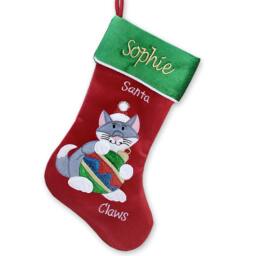 Personalized Holiday Cat Christmas Stocking - Santa Claws Design Holding Ornament