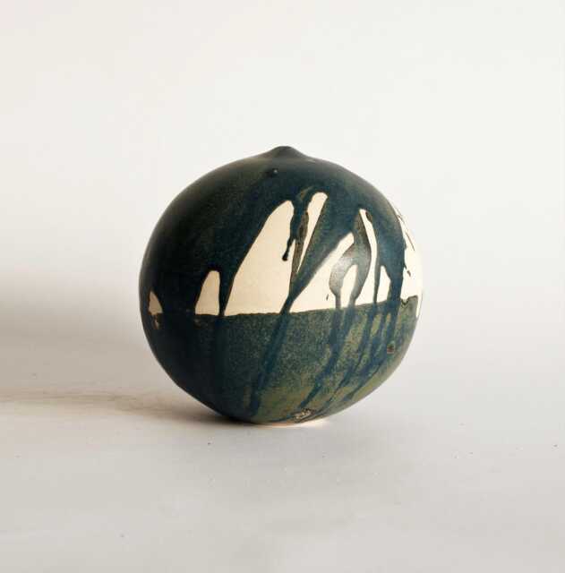 Handmade Stoneware Sphere Sculpture - Green Blue Glaze, Wabi Sabi Decor - 7.3 In. Collectible Ceramic Art - image 1
