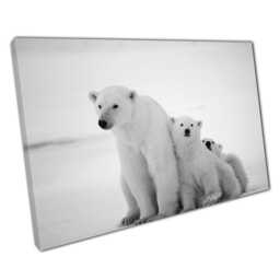 Polar Bear Mother Cubs Canvas Print Black White Wildlife Photography For Home Office Decor - thumbnail 1