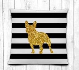 French Bulldog Silhouette Pillow - Black & White Stripe With Gold Modern Home Decor Living Room- Dog Breed Silhouette Pillow - thumbnail 1