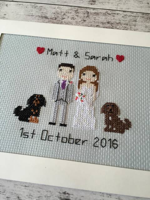 Personalised Custom Cotton Anniversary Gift Portrait Wall Art - Family Pet Cross Stitch Pixel People - image 1