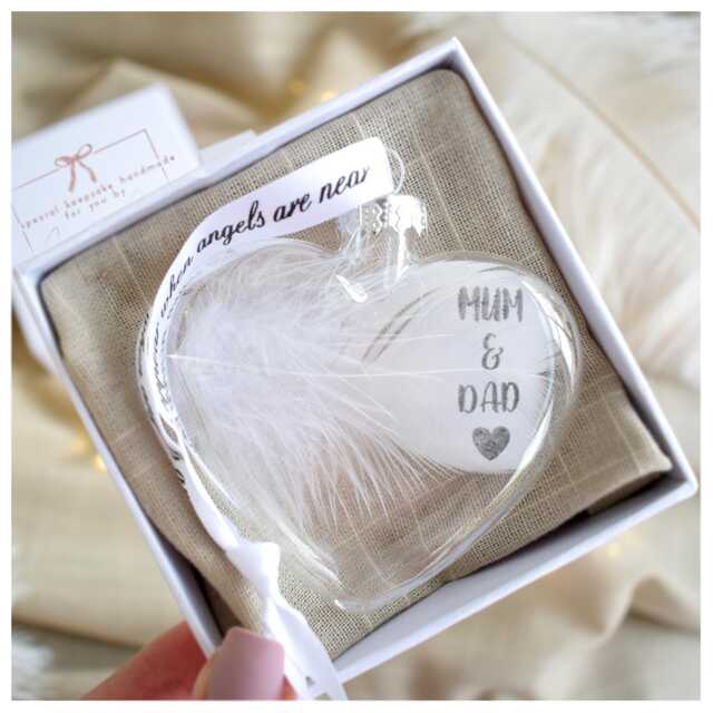 Mum & Dad Remembrance Bauble. Gift Boxed Parent Loss Sympathy Keesake. Glass Heart Hanging Decoration. White Feather Christmas - image 1