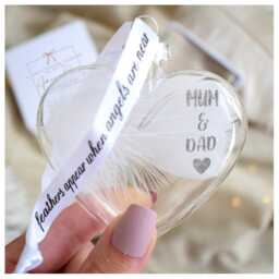 Mum & Dad Remembrance Bauble. Gift Boxed Parent Loss Sympathy Keesake. Glass Heart Hanging Decoration. White Feather Christmas - thumbnail 2
