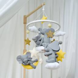 Elephant Crib Mobile, Jungle Baby Mobile Elephant, Safari Yellow & Gray Nursery Decor, Newbaby Gift, Neutral Animals - thumbnail 3
