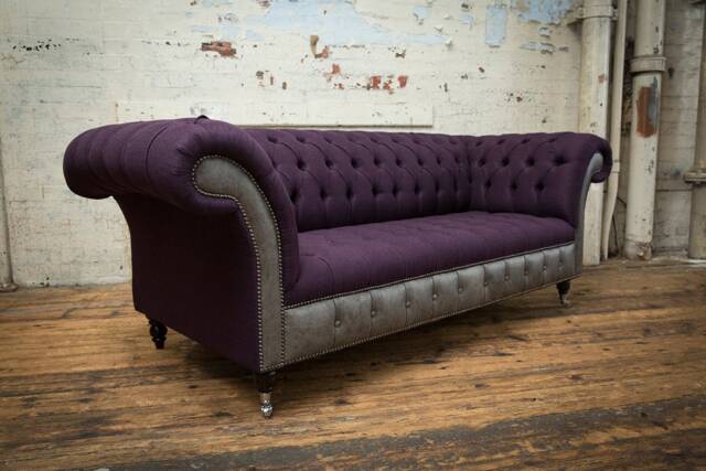 Handmade Purple Wool With Antique Grey Leather 3 Seater Chesterfield Sofa - image 1