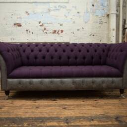 Handmade Purple Wool With Antique Grey Leather 3 Seater Chesterfield Sofa - thumbnail 2