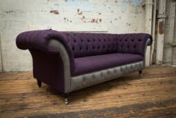 Handmade Purple Wool With Antique Grey Leather 3 Seater Chesterfield Sofa