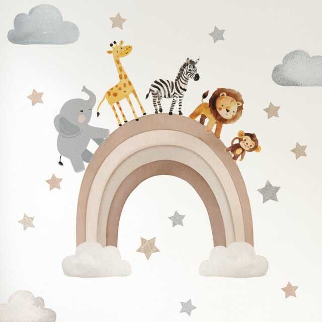 Fabric Nursery Wall Stickers - Rainbow Safari Animals 8 Colours Available Removable Decals For Kids' Bedroom Or Playroom - image 1