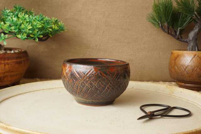 Handmade Red Blue Mame Bonsai Pot. 8.5cm Diameter, 5.5cm High. G2551.1 - image 1