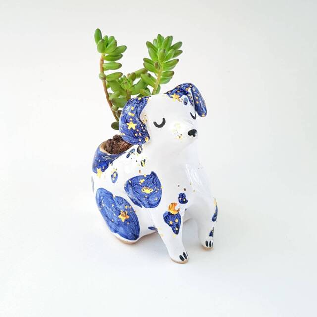 Dog Planter, Animal Cute Flower Pot, Ceramic Dog, Mongrel Moon Phases, Birthday Gift, Gift For Friend, Ready To Ship - image 1