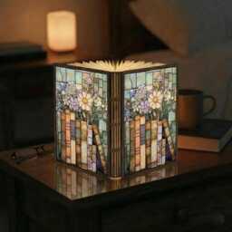 stained Glass Bookshelf Book Lamp, Cozy Reading Foldable Led Light - thumbnail 1
