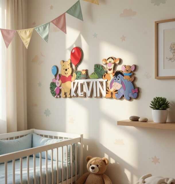 Winnie The Pooh & Friends Nursery Decor, 3D Wood Wall Art, Custom Baby Name Sign, Winnie Pooh, Piglet Tigger - image 1