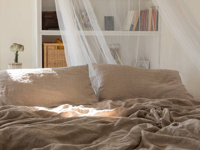 Linen Duvet Cover - Washed Cover-Linen Duvet Cover in Natural Color With Bordo Stripes-Linen BeddingAvailable Any Size - image 1