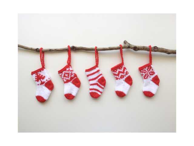Five Handknitted Small Mini Tiny Little Christmas Stocking Tree Decoration Red White Set Of 5 Ready To Ship - image 1