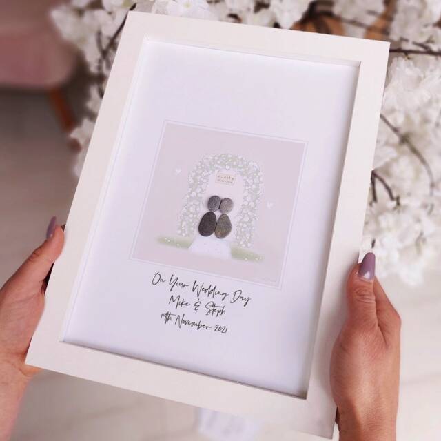 Personalised Wedding Pebble Picture - Framed Him & Her Art Gift Flower Arch - image 1
