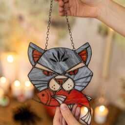 Angry Cat With Caught Fish, Stained Glass Suncatcher Gray Home House Decor Window Wall Halloween Hangings Cling Gift - thumbnail 3