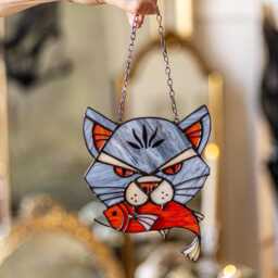 Angry Cat With Caught Fish, Stained Glass Suncatcher Gray Home House Decor Window Wall Halloween Hangings Cling Gift - thumbnail 2