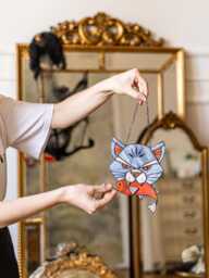 Angry Cat With Caught Fish, Stained Glass Suncatcher Gray Home House Decor Window Wall Halloween Hangings Cling Gift - thumbnail 1