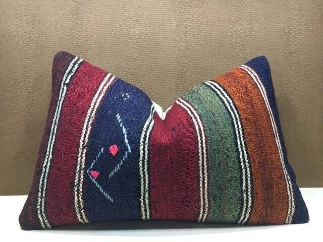 Vintage Kilim Lumbar Pillow Cover, Bohemian Turkish Handwoven, 16x24 - image 1