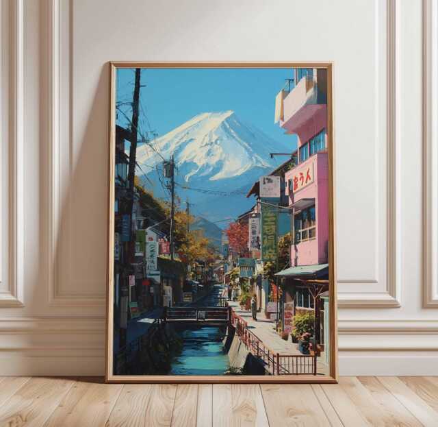 Mount Fuji Street View Poster, Japanese Cityscape Wall Art, Colorful Urban Japan Print, Mt Architecture Travel Decor - image 1