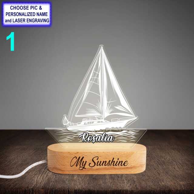 Personalized Sailboat Night Light - Custom Name Engraved Led Lamp, Beech Wood Base, Nautical Decor, Sailor Gift, Boat Lover Gift - image 1
