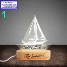 Personalized Sailboat Night Light - Custom Name Engraved Led Lamp, Beech Wood Base, Nautical Decor, Sailor Gift, Boat Lover Gift - thumbnail 1