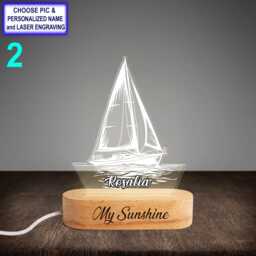Personalized Sailboat Night Light - Custom Name Engraved Led Lamp, Beech Wood Base, Nautical Decor, Sailor Gift, Boat Lover Gift - thumbnail 2