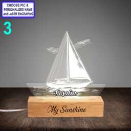 Personalized Sailboat Night Light - Custom Name Engraved Led Lamp, Beech Wood Base, Nautical Decor, Sailor Gift, Boat Lover Gift - thumbnail 3