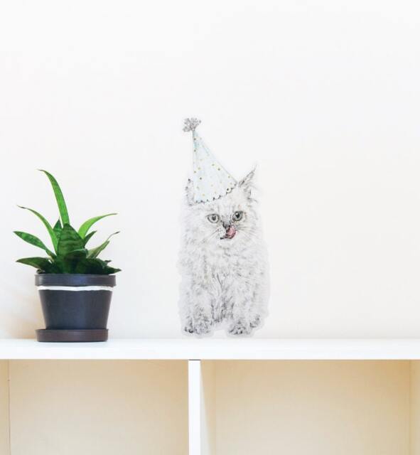 Cat With Party Hat Wall Sticker Decal - Nursery Stickers, Animal Decals, Home Decor, Baby Room, Art, Girl, Boy