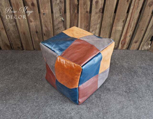 Handmade Genuine Leather Bean Bag Pouf Foot Stool, Modern Boho Decor, Rustic Home Decor - image 1