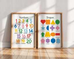 Numbers & Shapes Nursery Wall Art Set -- Kids Educational Prints, Toddler Playroom Decor, Unframed - thumbnail 1