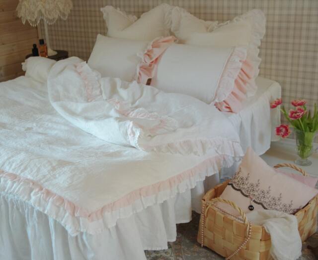 Luxury Linen Duvet Cover White With Pink Ruffles, Shabby Chic Bedding - image 1