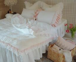 Luxury Linen Duvet Cover White With Pink Ruffles, Shabby Chic Bedding
