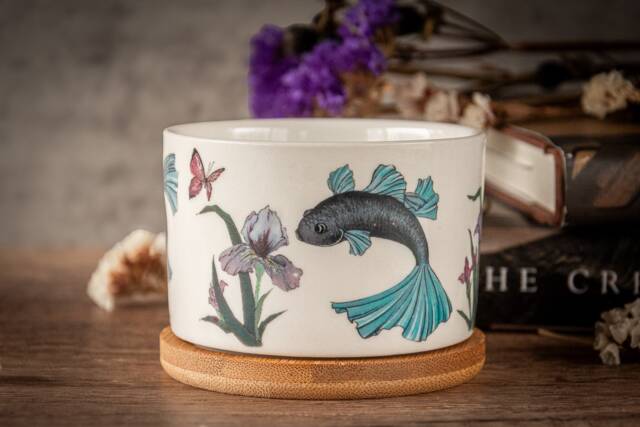 Betta Fish & Iris Flowers Ceramic Planter, Aquarium Home Decor - image 1