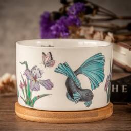 Betta Fish & Iris Flowers Ceramic Planter, Aquarium Home Decor - thumbnail 3