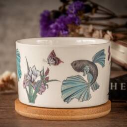 Betta Fish & Iris Flowers Ceramic Planter, Aquarium Home Decor - thumbnail 2