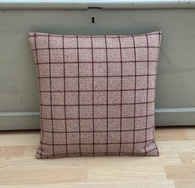 Bamburgh Handmade Tartan Plaid Tweed Cushion Cover Beige & Mulberry - image 1