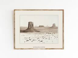 Desert Monuments - Vintage Western Art Sketch Black & White Ink Drawing California Bohemian Southwest Size 8x10 - thumbnail 1