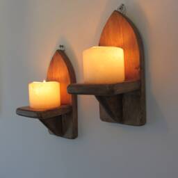 Pair Of Mini Gothic Style Rustic Waxed Wood Wall Sconce Led Candle Holders 21cm - thumbnail 3