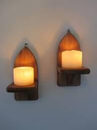 Pair Of Mini Gothic Style Rustic Waxed Wood Wall Sconce Led Candle Holders 21cm - thumbnail 1
