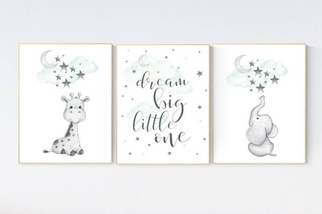 Giraffe & Elephant Nursery Decor Mint Green Wall Art Prints - image 1